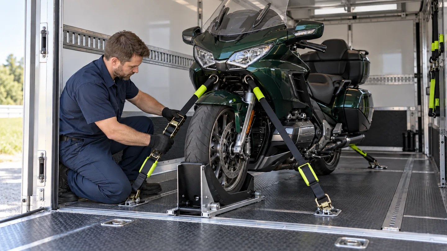 Trained carrier worker secures a motorcycle in a wheel chock inside an enclosed trailer