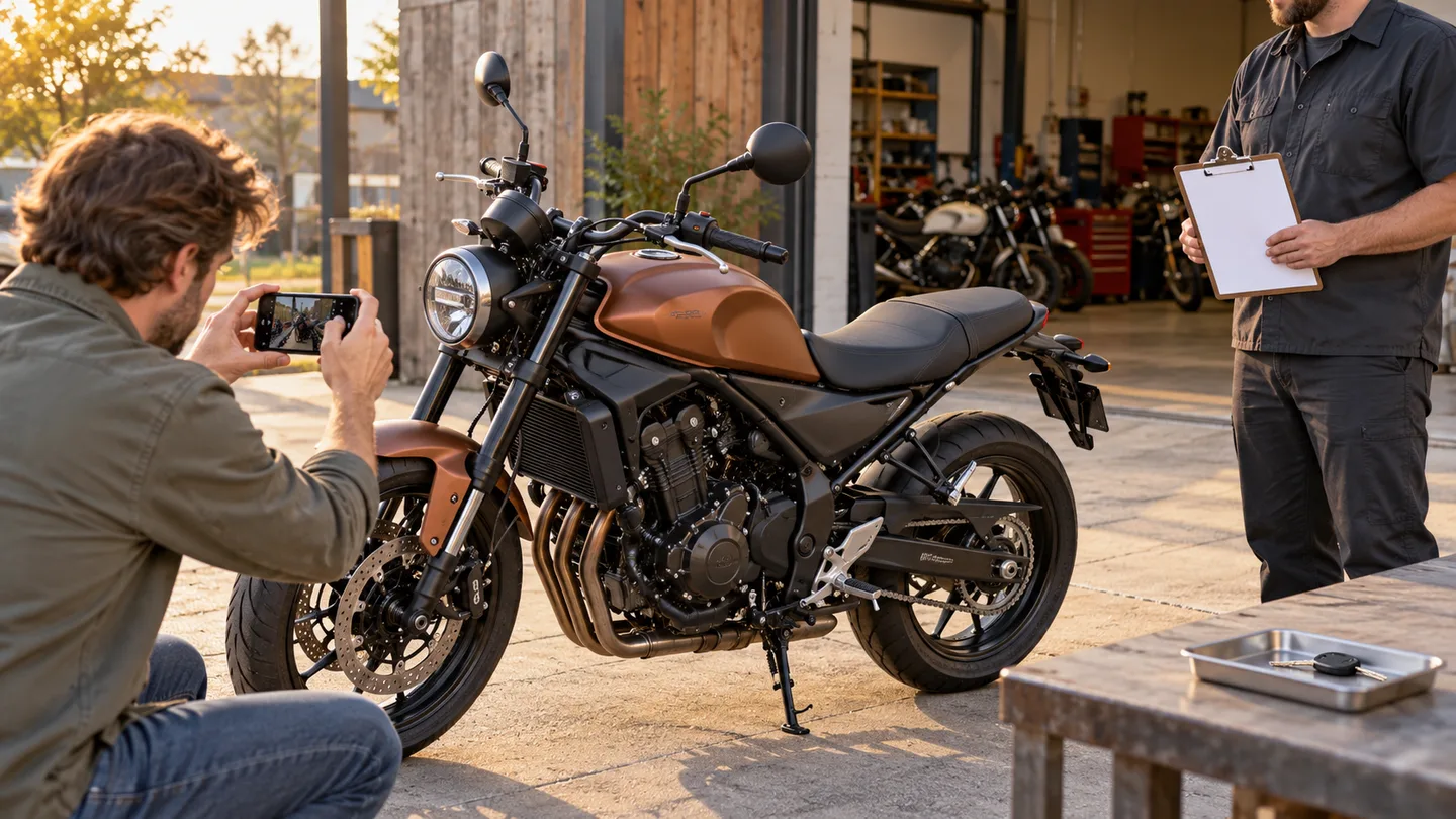 Motorcycle owner photographs the bike during a documented pickup at a repair shop
