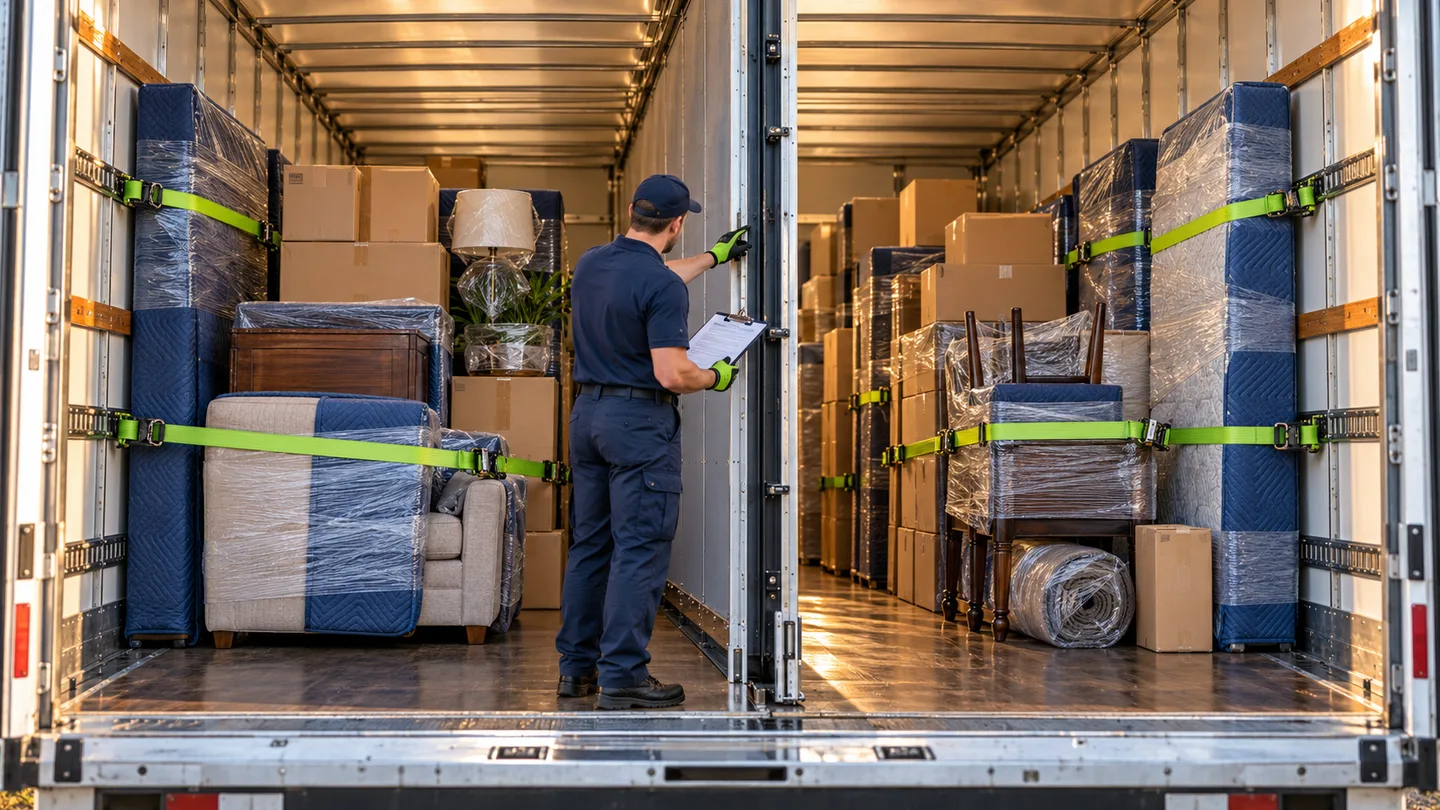 Separate protected household loads are checked on either side of a partitioned long-haul trailer
