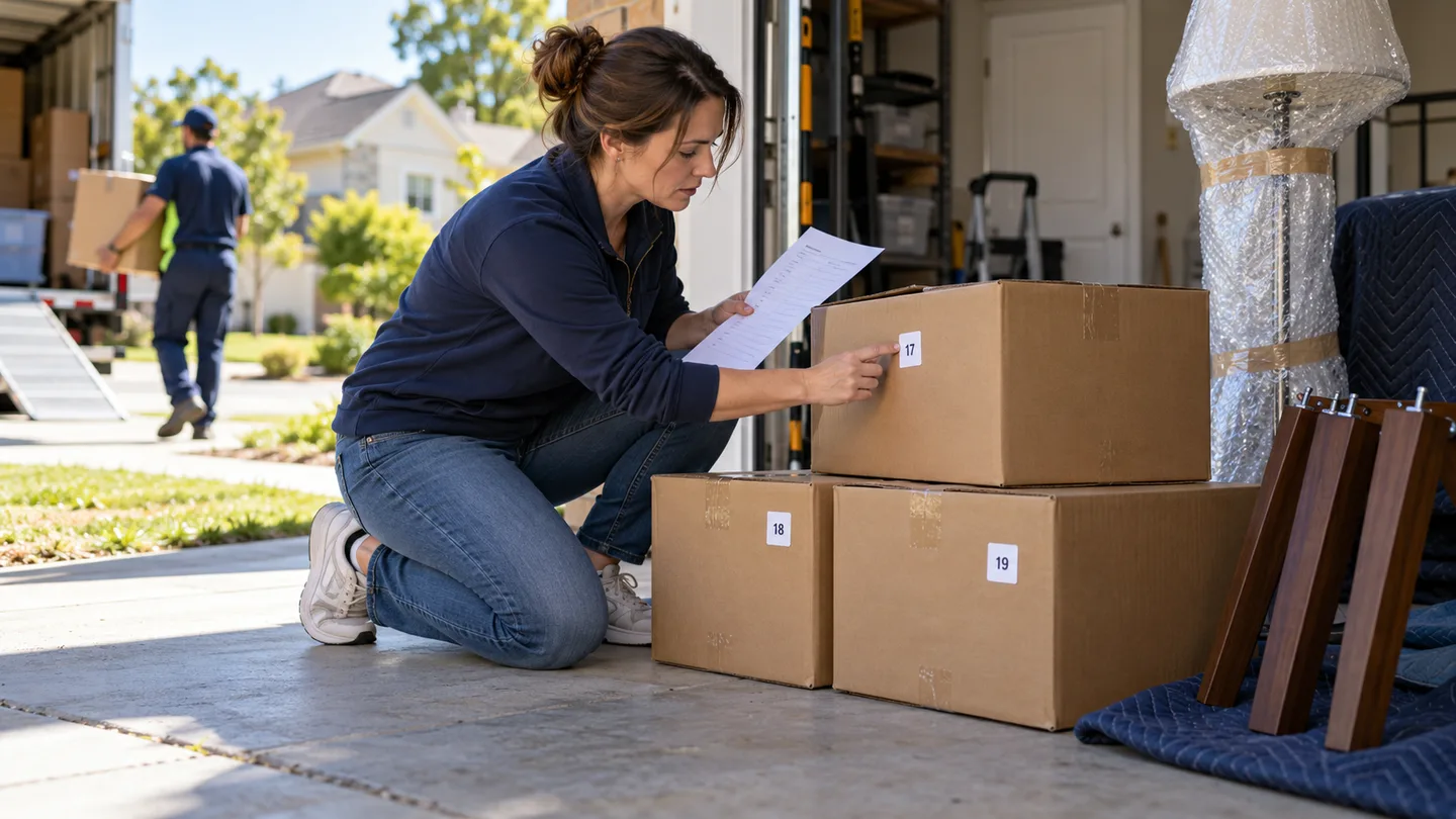 Receiver reconciles numbered cartons against an inventory at a suburban delivery