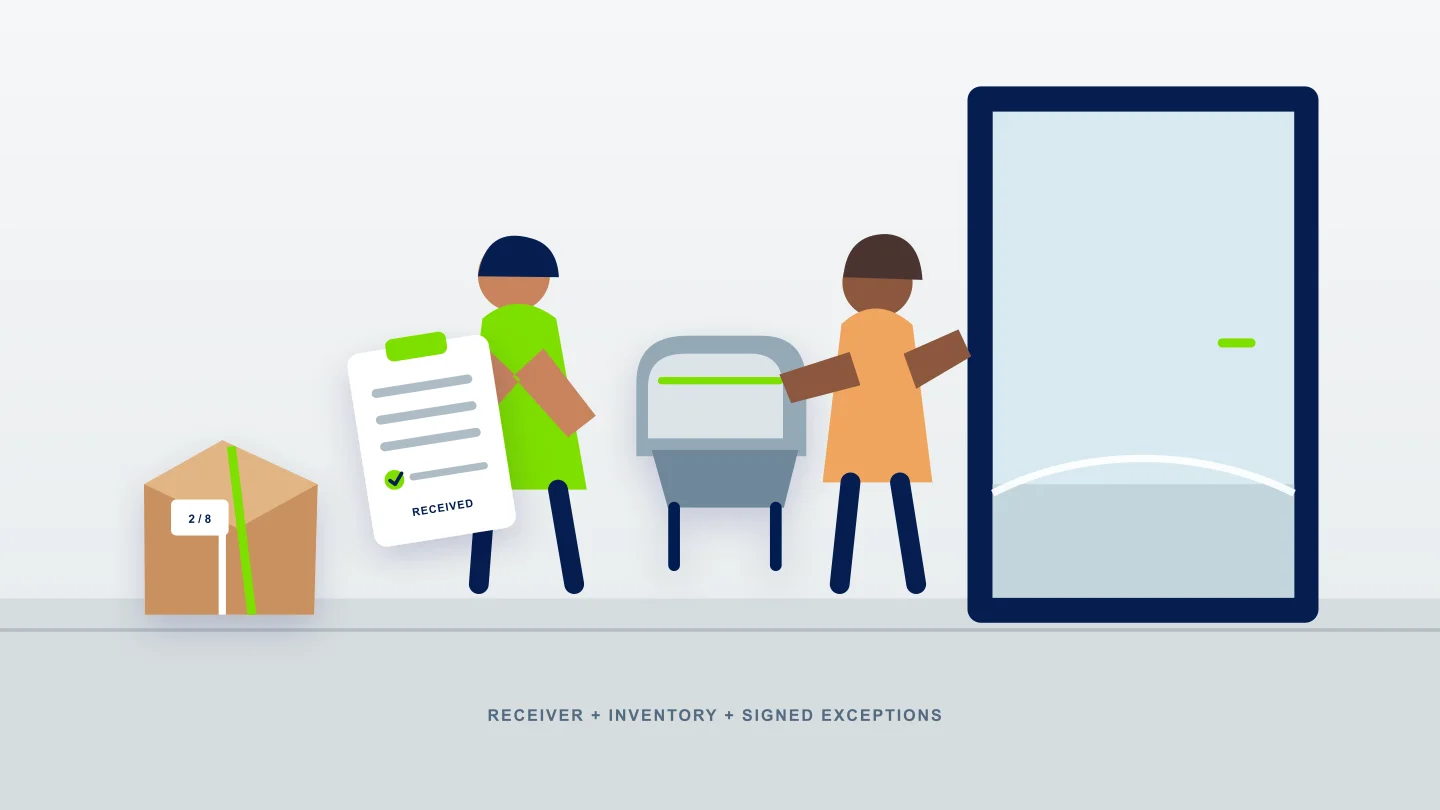 Receiver and mover compare a delivery inventory while padded furniture crosses the residence threshold