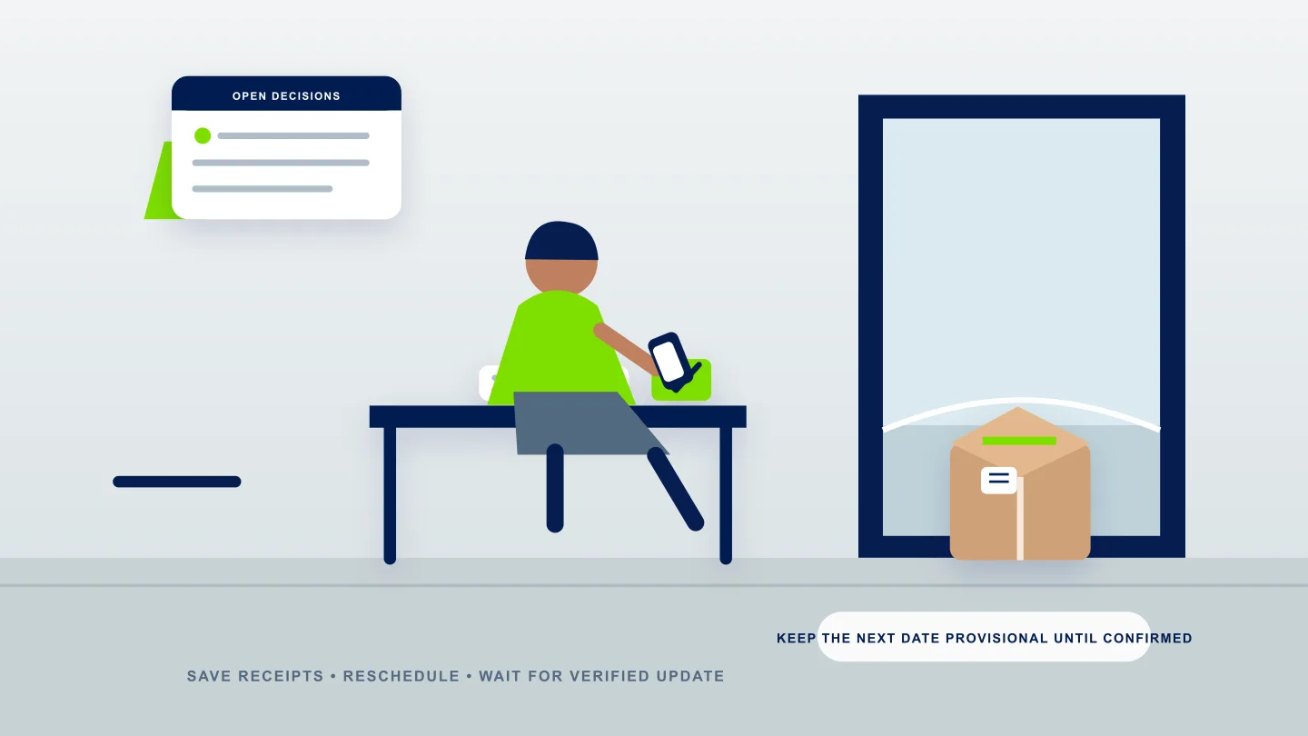 A mover keeps an exception log and receipts while waiting for a verified delivery update