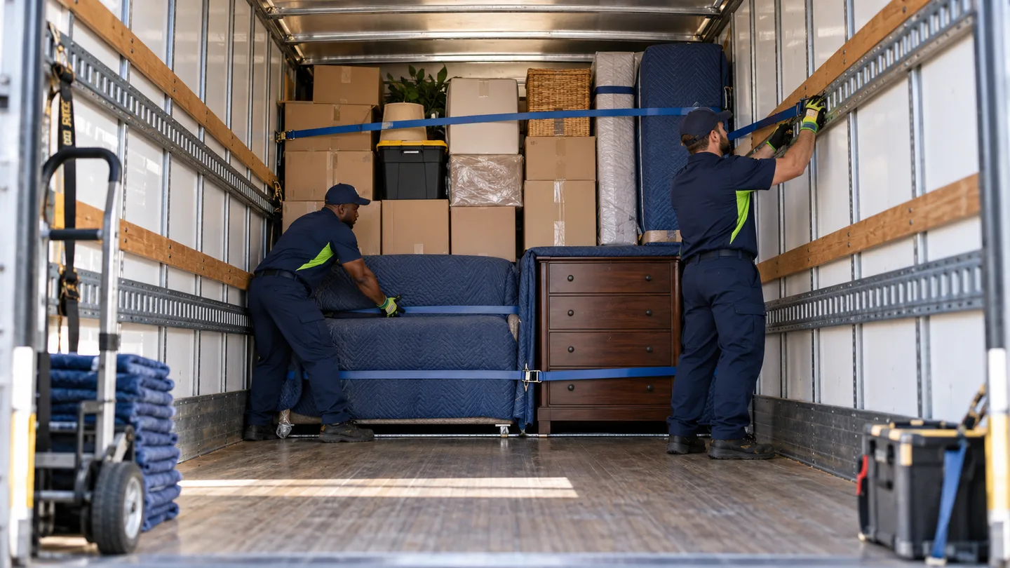 Movers balance padded furniture and cartons while securing a household trailer load
