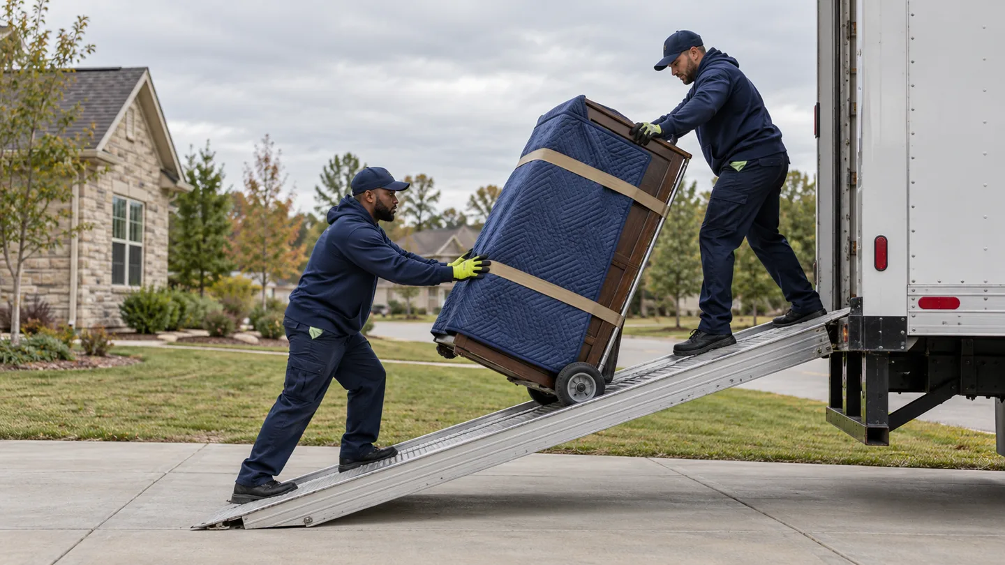 Two movers guide a padded dresser up a freight-trailer ramp