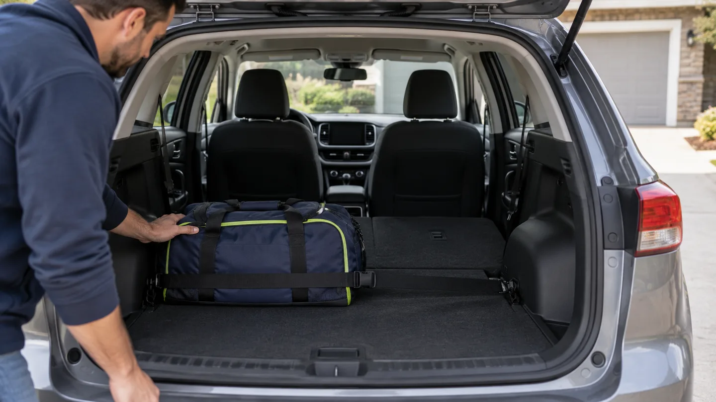 One secured duffel bag sits low in a shipped car while seats and controls remain clear