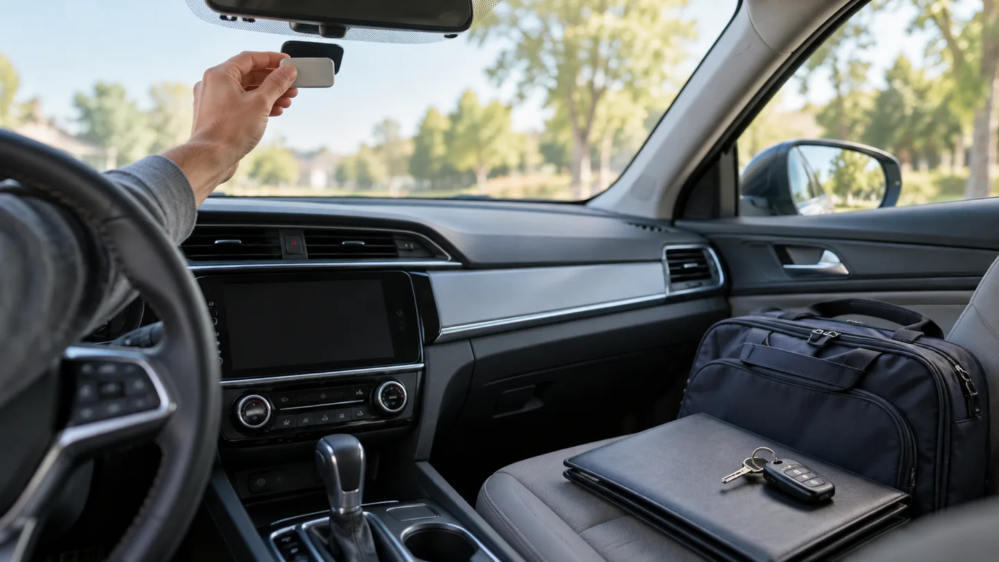 Owner removes a toll transponder and keeps keys and important documents with personal luggage