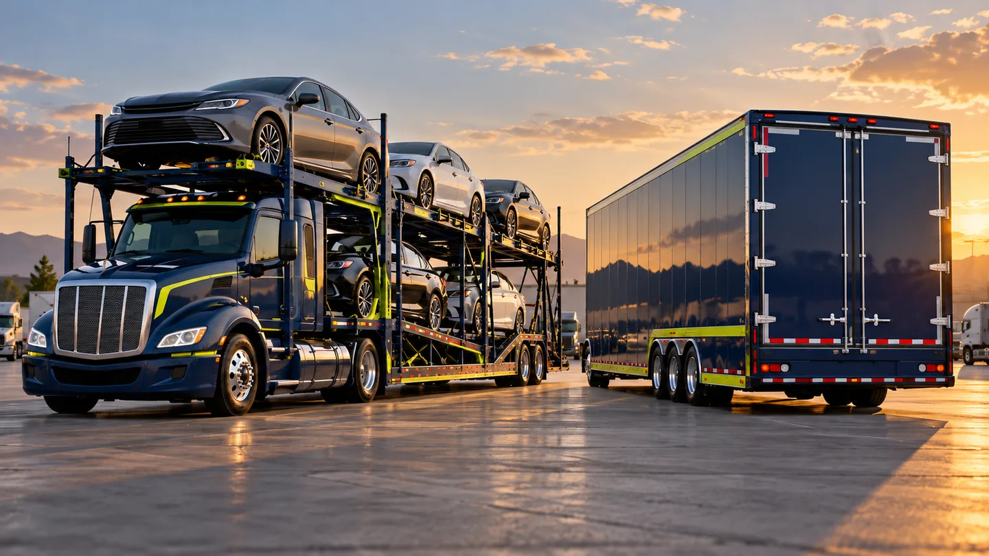Open multi-car transporter and closed hard-sided auto trailer parked side by side for comparison
