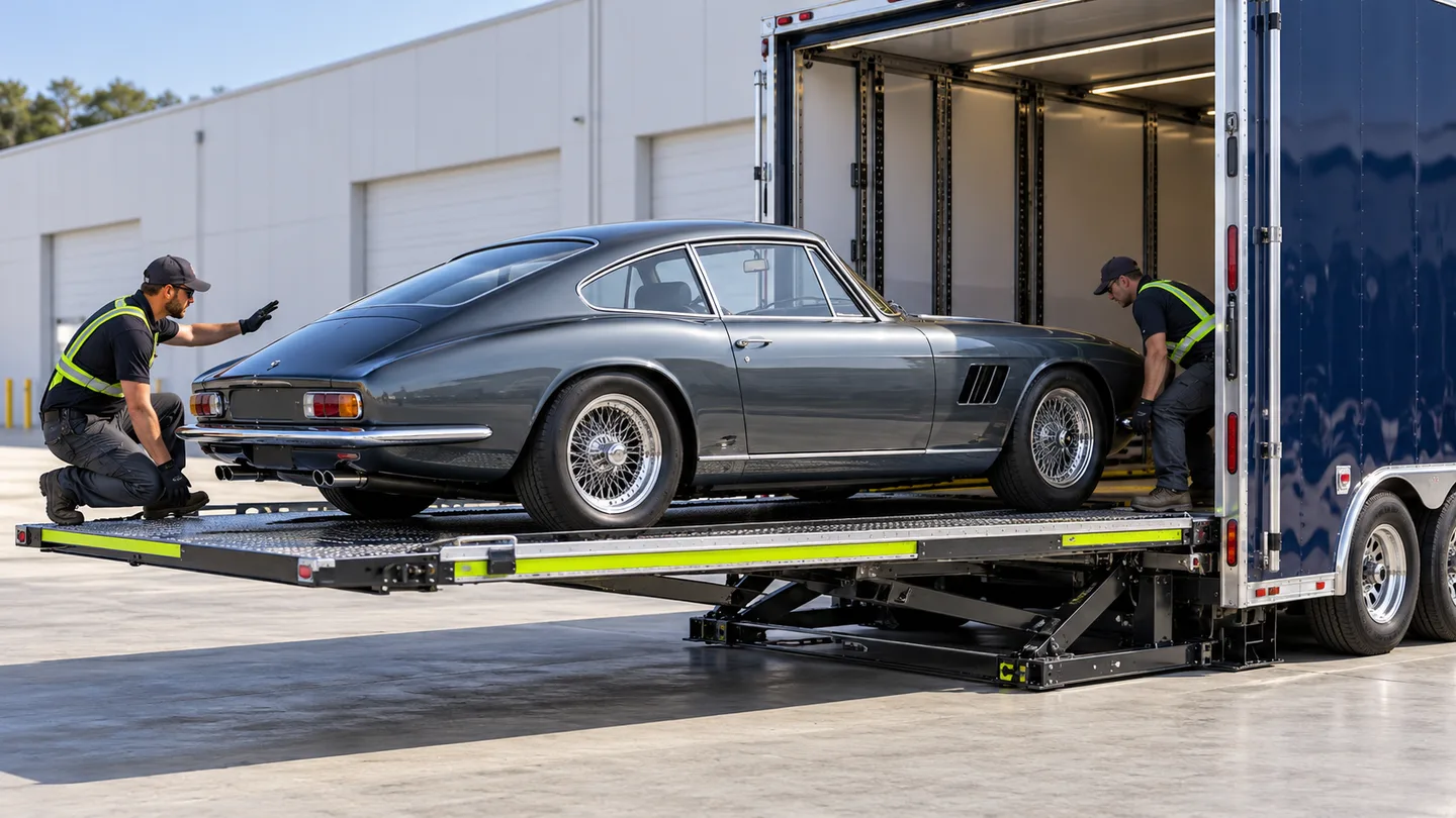Low classic coupe is carefully loaded on a hydraulic liftgate into an enclosed auto trailer