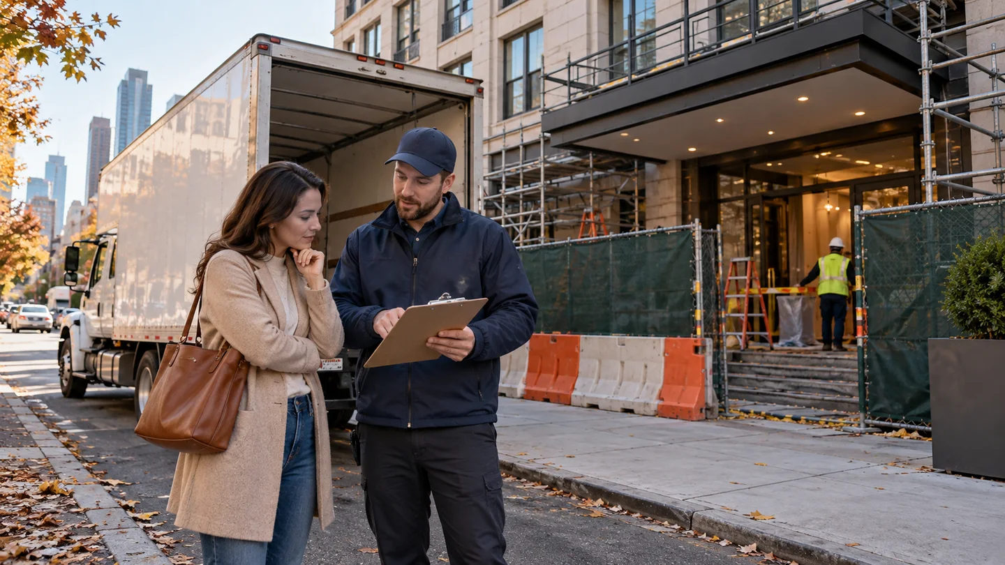 Customer and moving coordinator review a delivery conflict outside a building under renovation