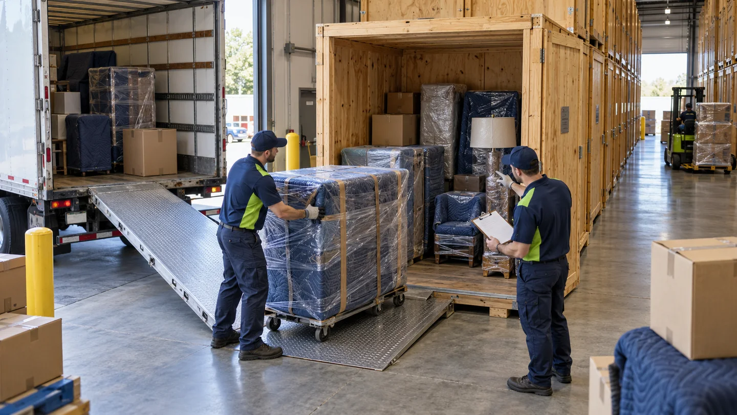 Workers transfer a wrapped household shipment from a truck to an individual storage-in-transit vault
