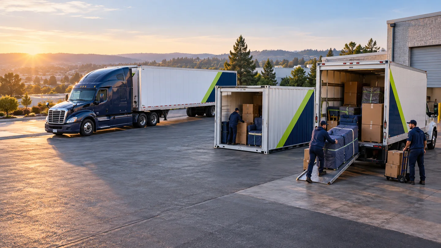 Dedicated moving truck, portable container and freight trailer at a logistics yard