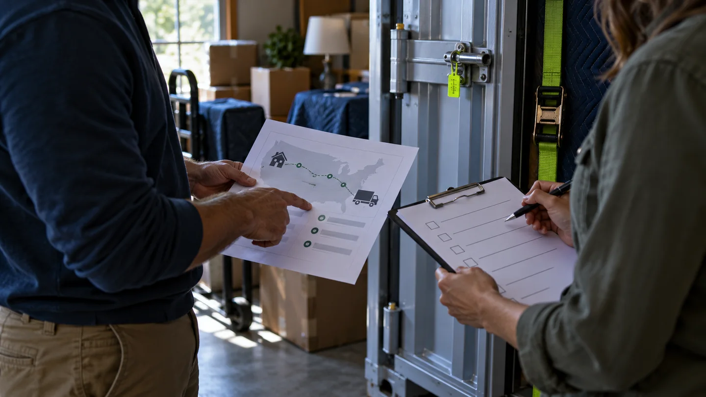 Household reviews a transport plan and condition checklist beside a sealed container