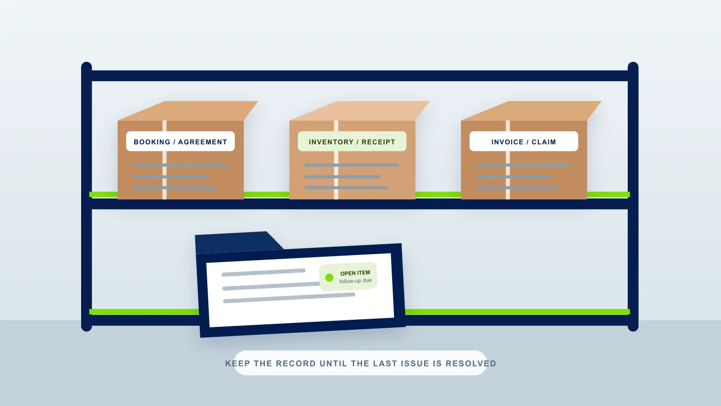 A transport archive groups booking, delivery, and billing records in separate labeled cartons