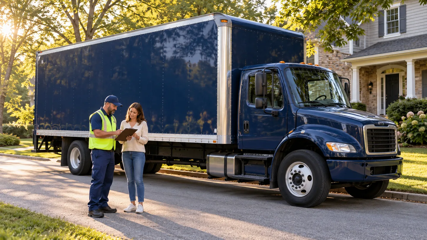 Homeowner and driver review a delivery plan beside a dedicated moving truck