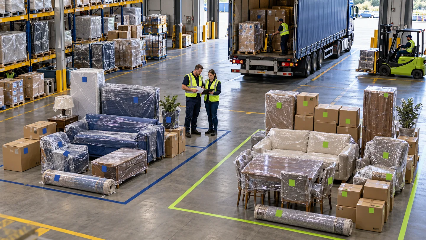 Separate household shipments are staged in distinct marked zones at a logistics warehouse