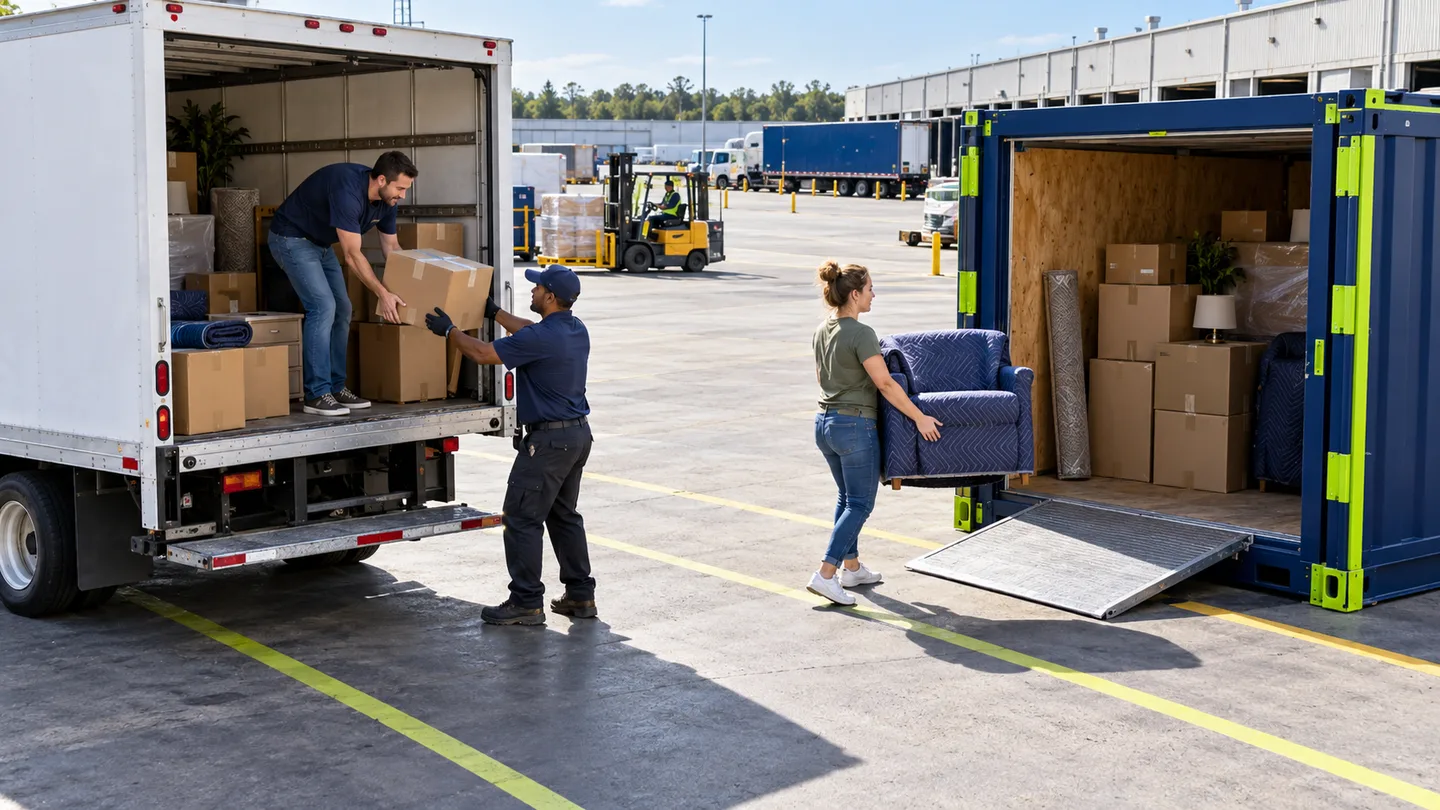 Household transfers boxed goods from a rental truck into a portable container at a terminal