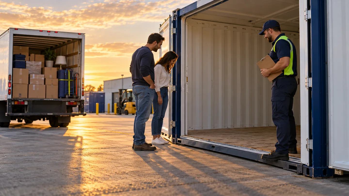 Household and terminal attendant inspect an empty container after destination unloading