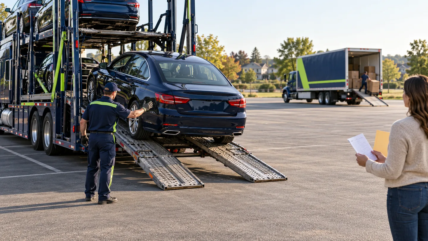 Sedan is loaded on an auto carrier while a separate household moving truck works across the lot