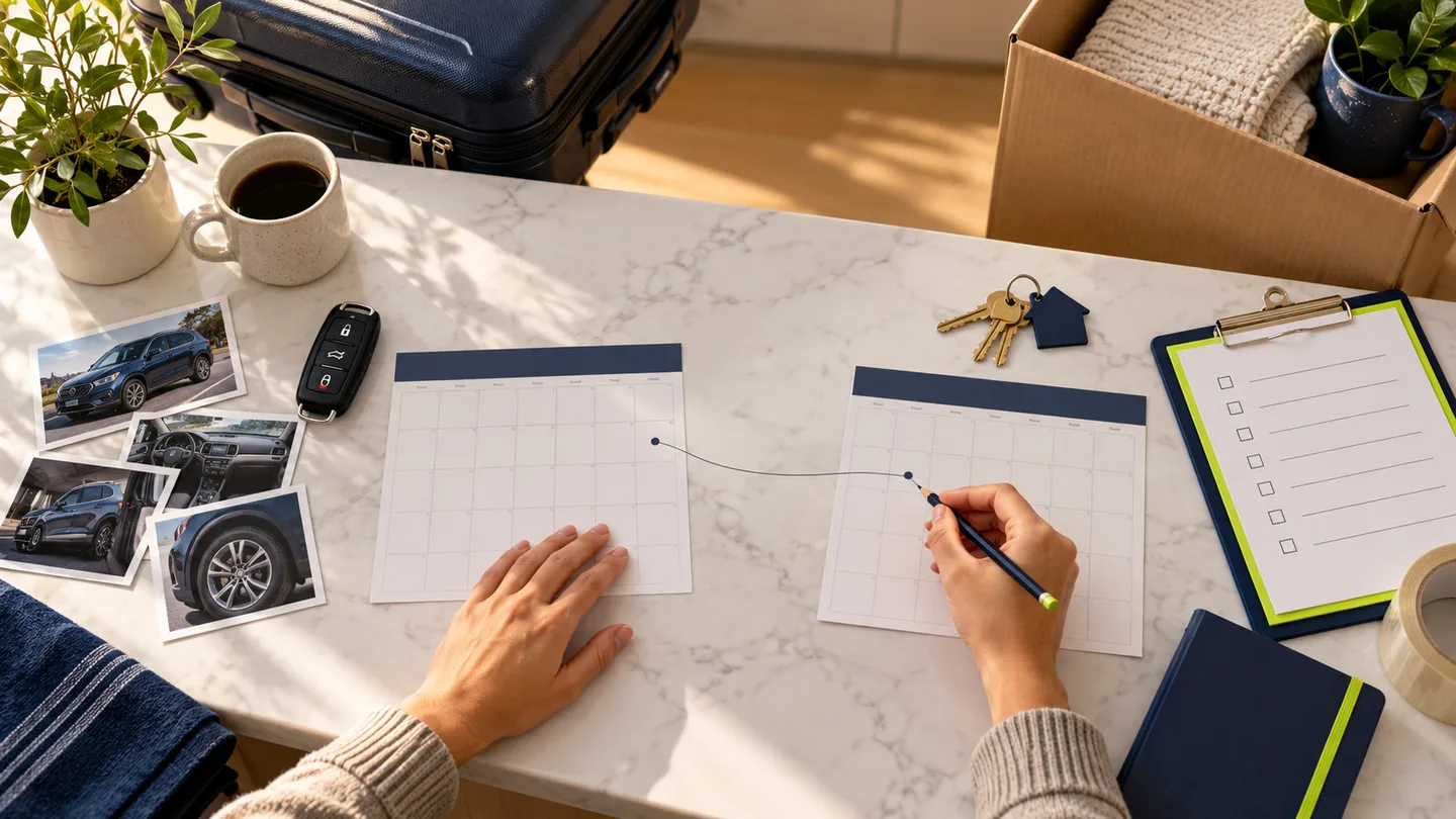 Household compares car-shipping and moving calendars beside keys and vehicle condition photos