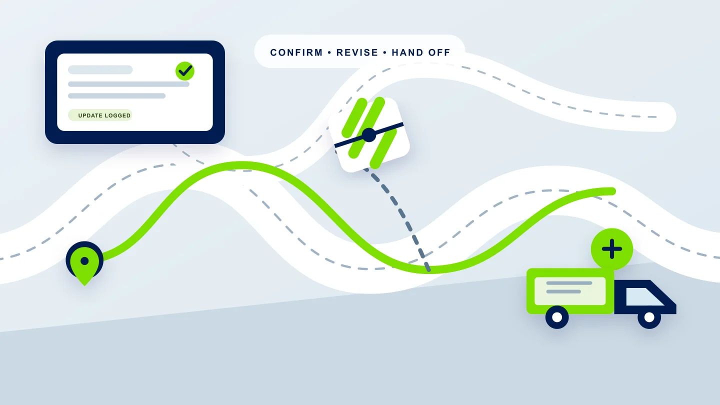 A route interruption branches from a blocked highway segment to a revised route and dispatcher update