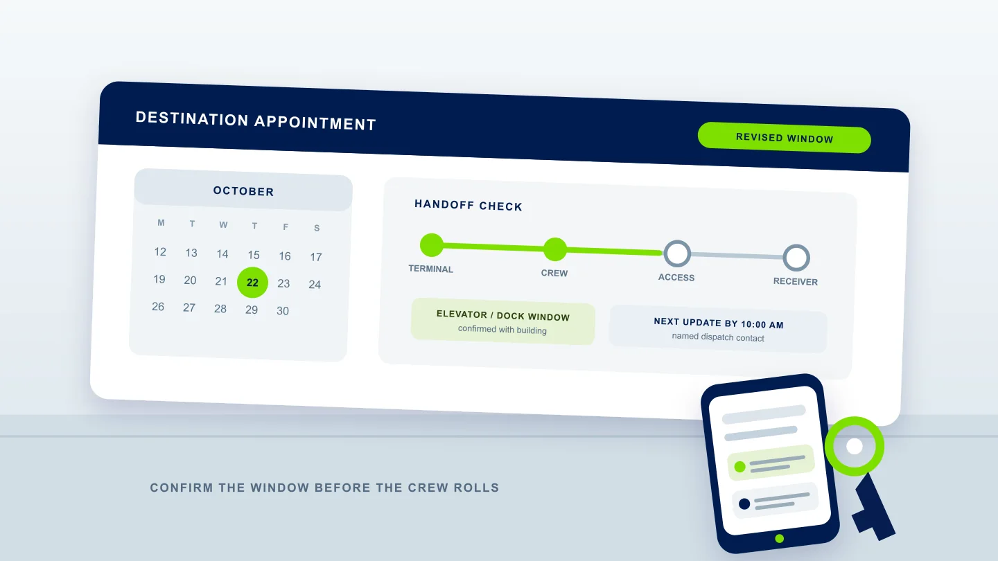 Dispatch appointment card pairs a revised delivery window with building access and receiver confirmation