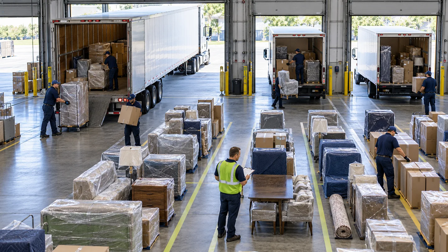 Terminal crew separates and counts household pieces between inbound and outbound trucks