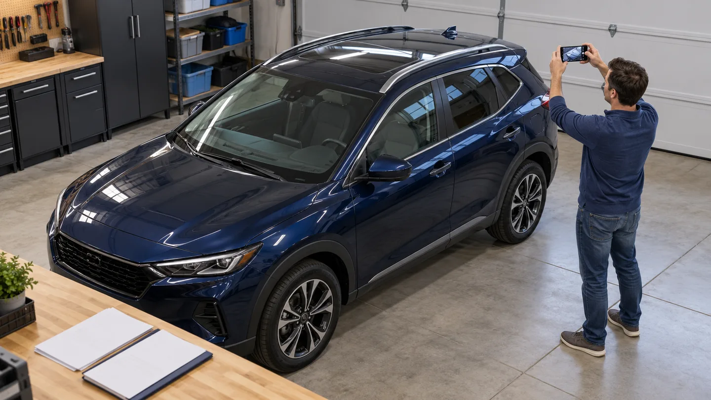 Owner photographs a car in a well-lit garage to document its condition before carrier pickup