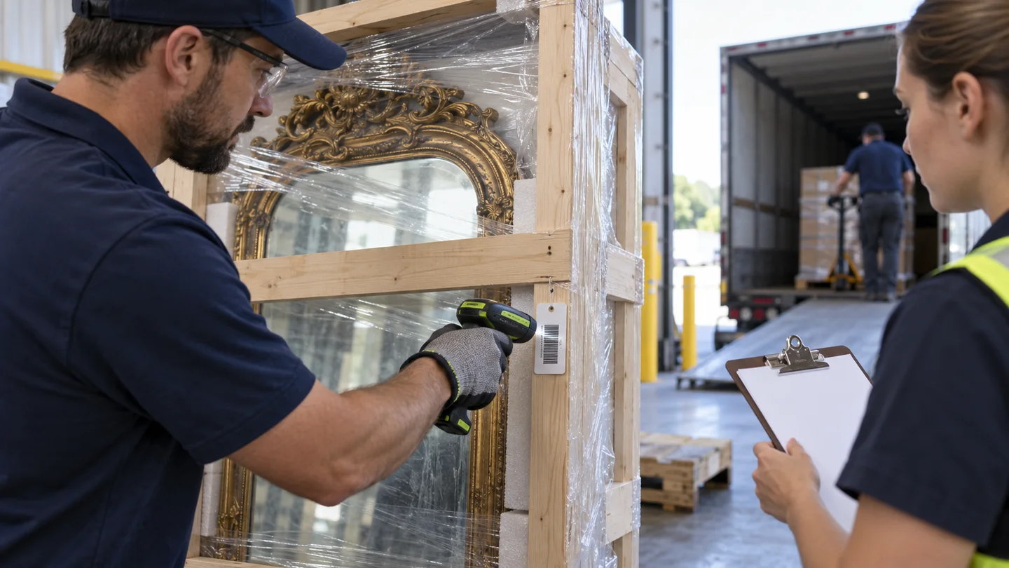 Warehouse employee scans the inventory tag on a protected mirror crate at intake