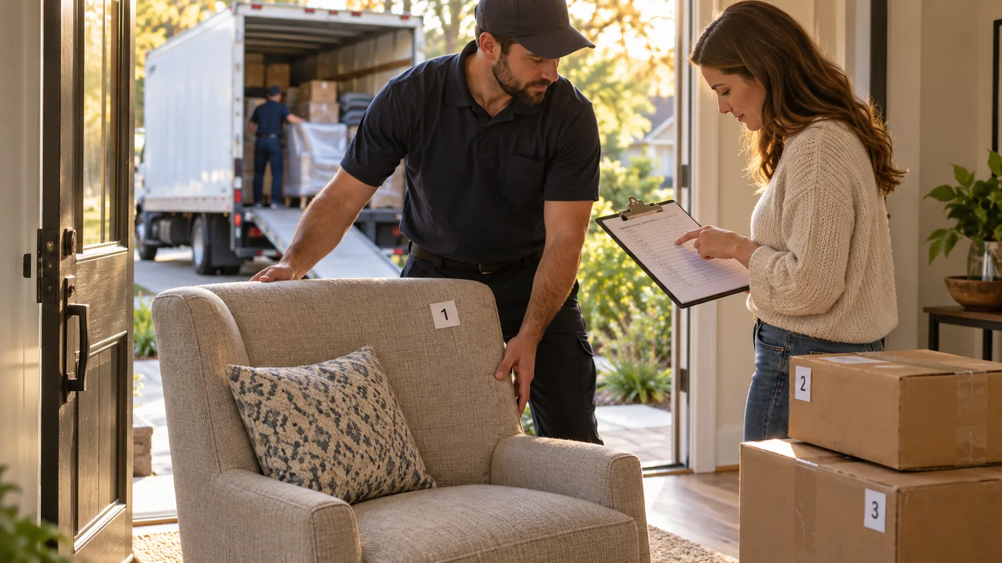 Customer checks a delivered chair and cartons against the release inventory at home