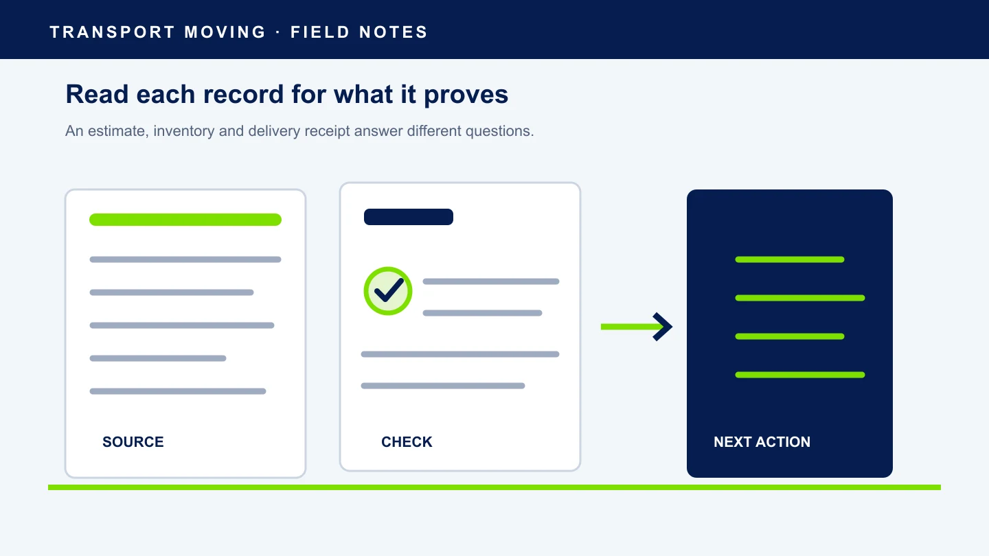 Editorial illustration showing a source document being checked before a next action