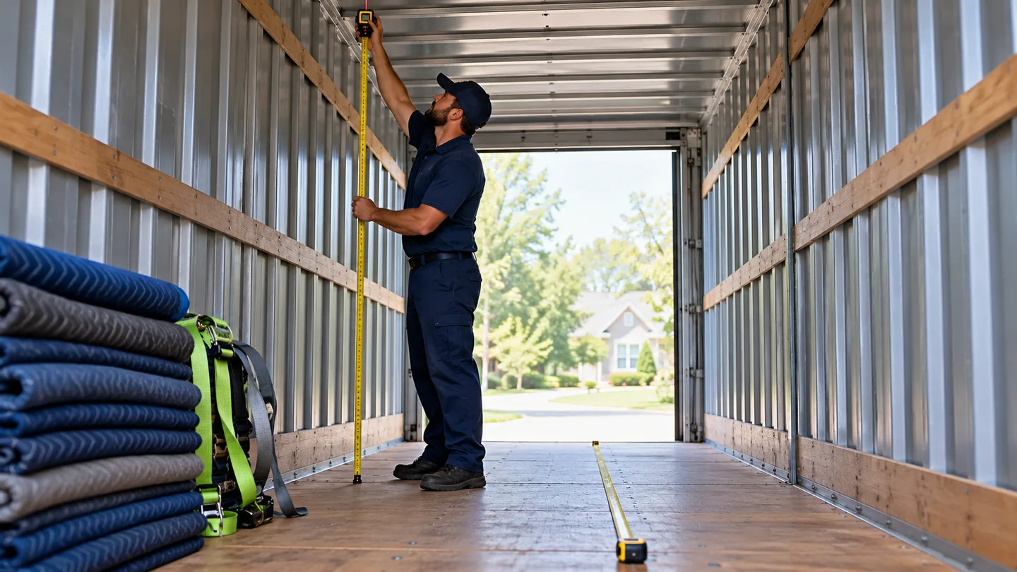 Moving specialist measures the usable height and floor length inside an empty container