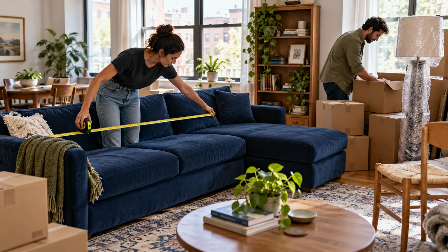 Household measures a sectional sofa and sorts boxes to estimate container space