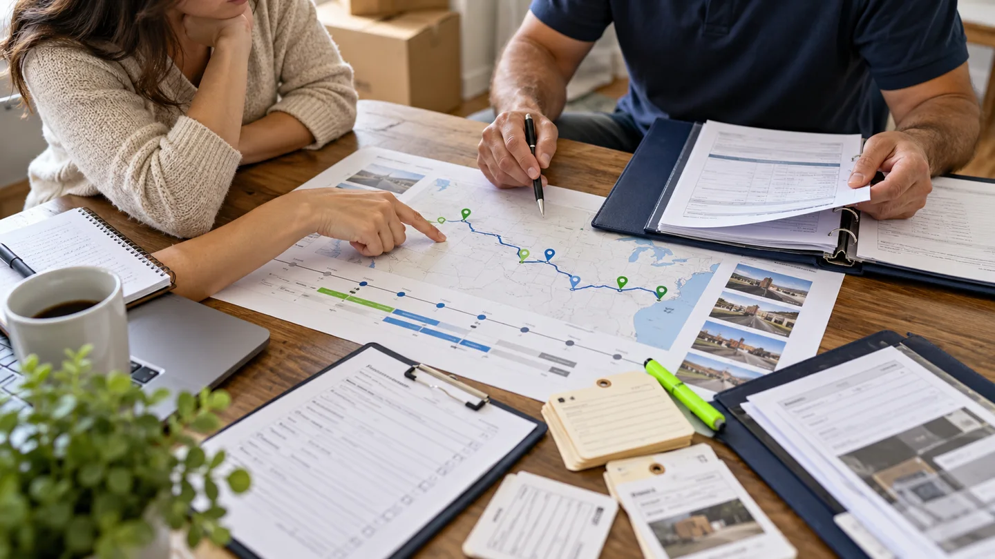 Household and transport coordinator comparing a route plan and shipment records