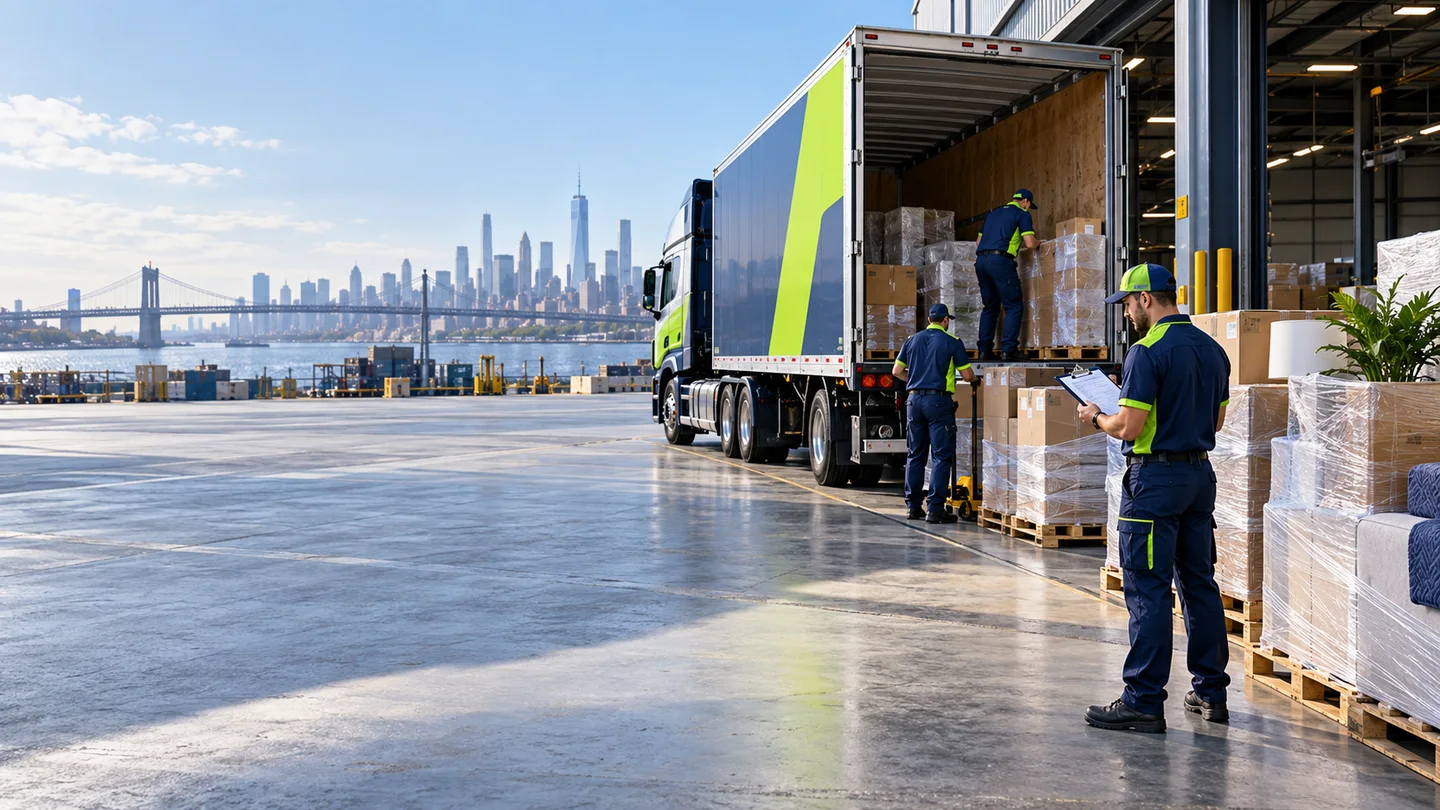 Moving truck and crew working at a freight terminal