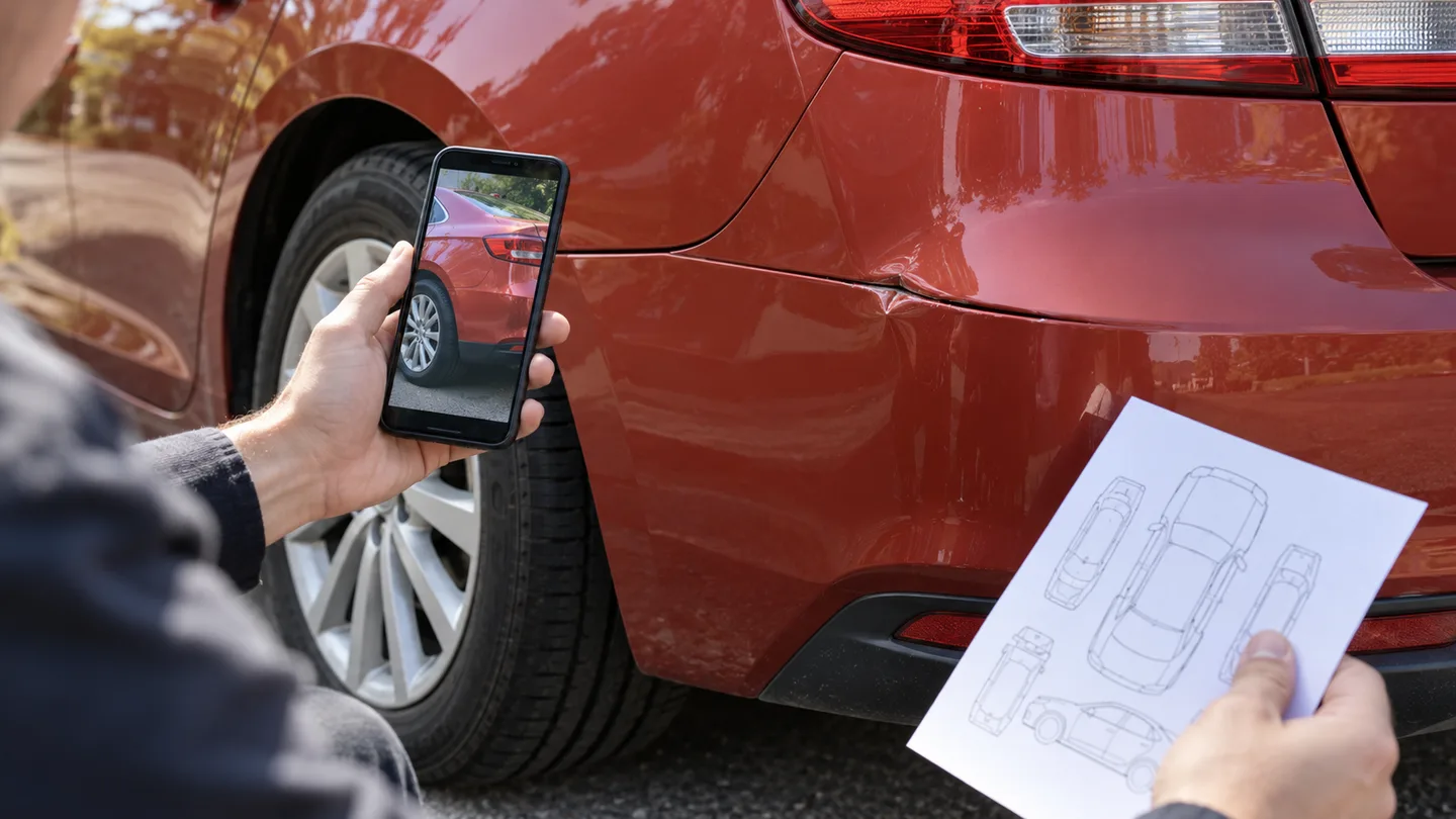 Receiver compares a delivery bumper crease with the pickup photograph and condition diagram