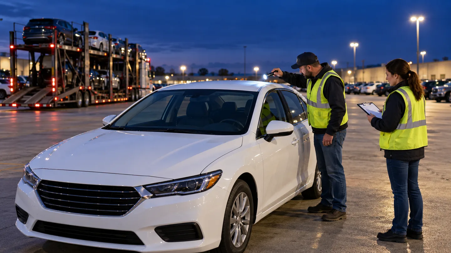 Receiver and terminal worker inspect a delivered car under bright lot lights before signing