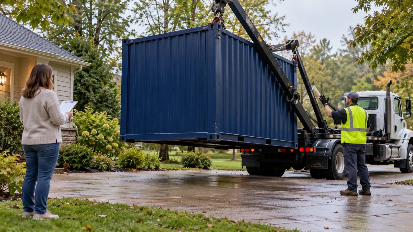 Portable moving container lifted from a residential driveway at pickup