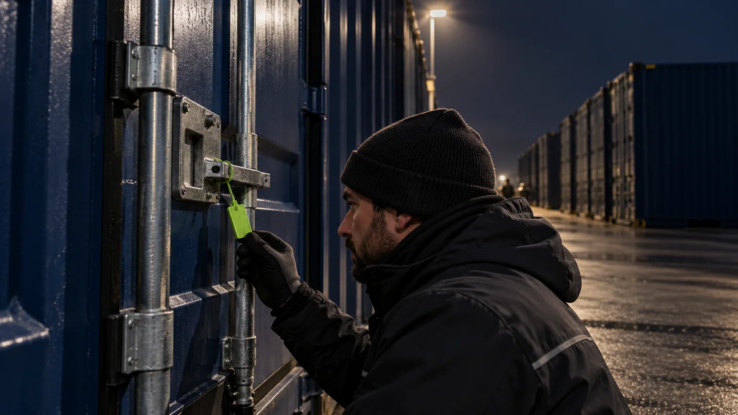 Worker checks the seal on a moving container at a destination terminal