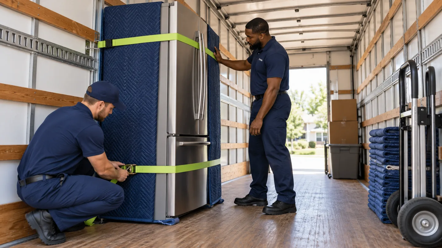 Professional movers secure an upright protected refrigerator inside a moving truck