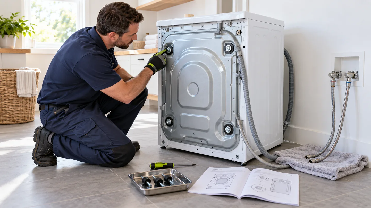 Appliance technician checks front-load washer transit bolts and disconnected hoses before the move