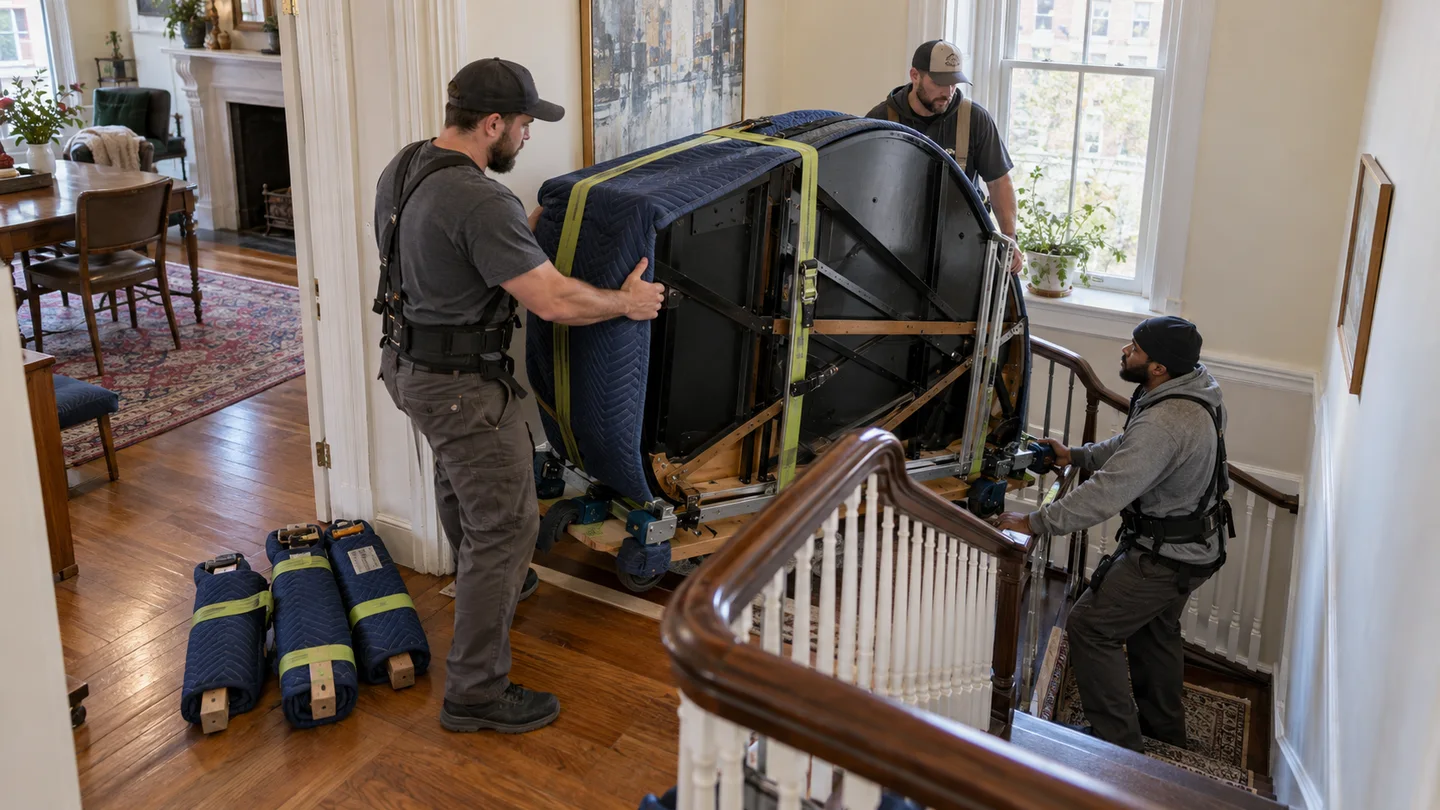Crew assesses the narrow stair turn while moving a protected grand piano on a piano board