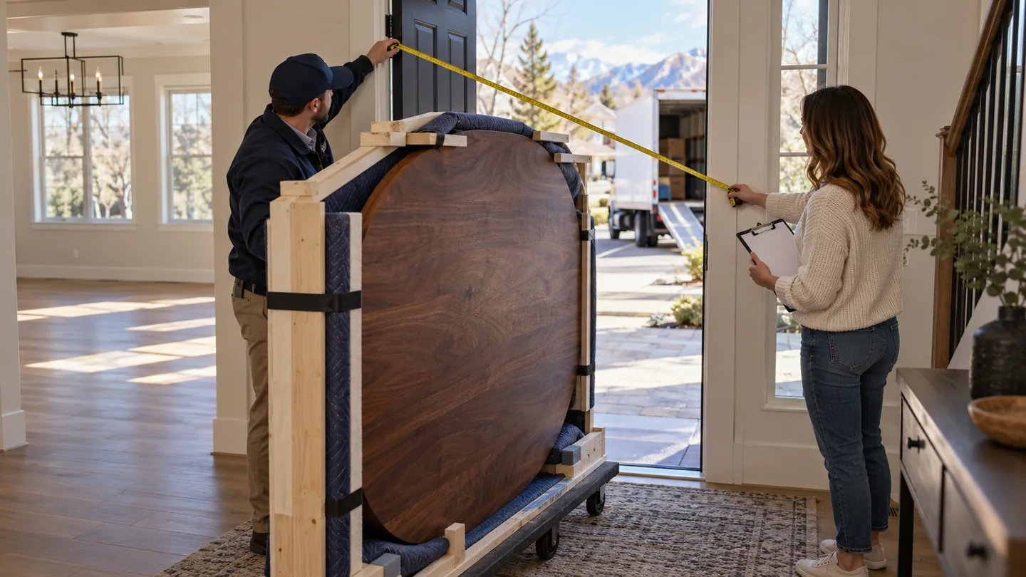 Coordinator measures destination doorway beside a protected oversized walnut tabletop