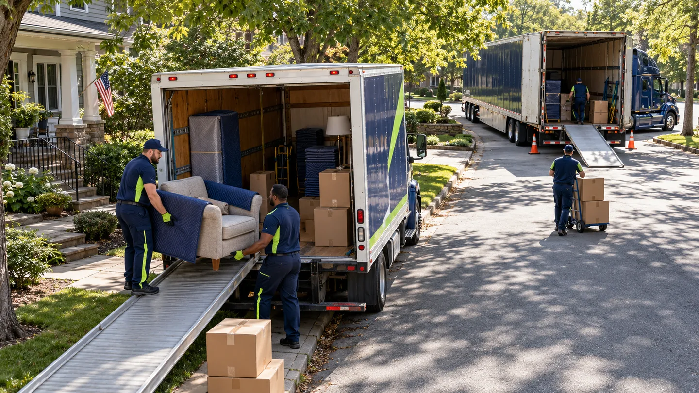 Crew loads a smaller moving truck on a constrained street while a line-haul trailer waits at a staging area