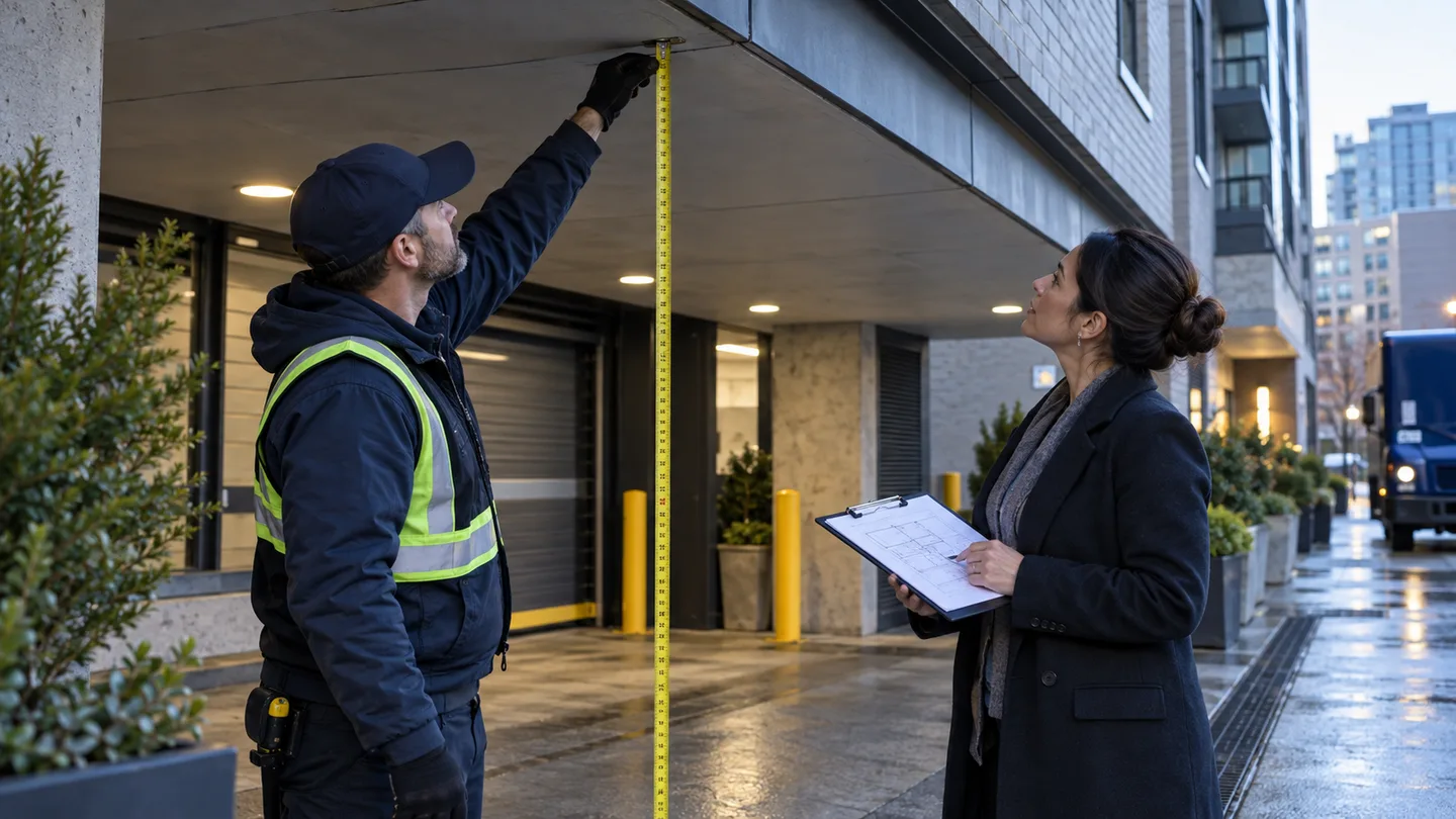 Moving coordinator and building manager measure a low loading-dock clearance before delivery