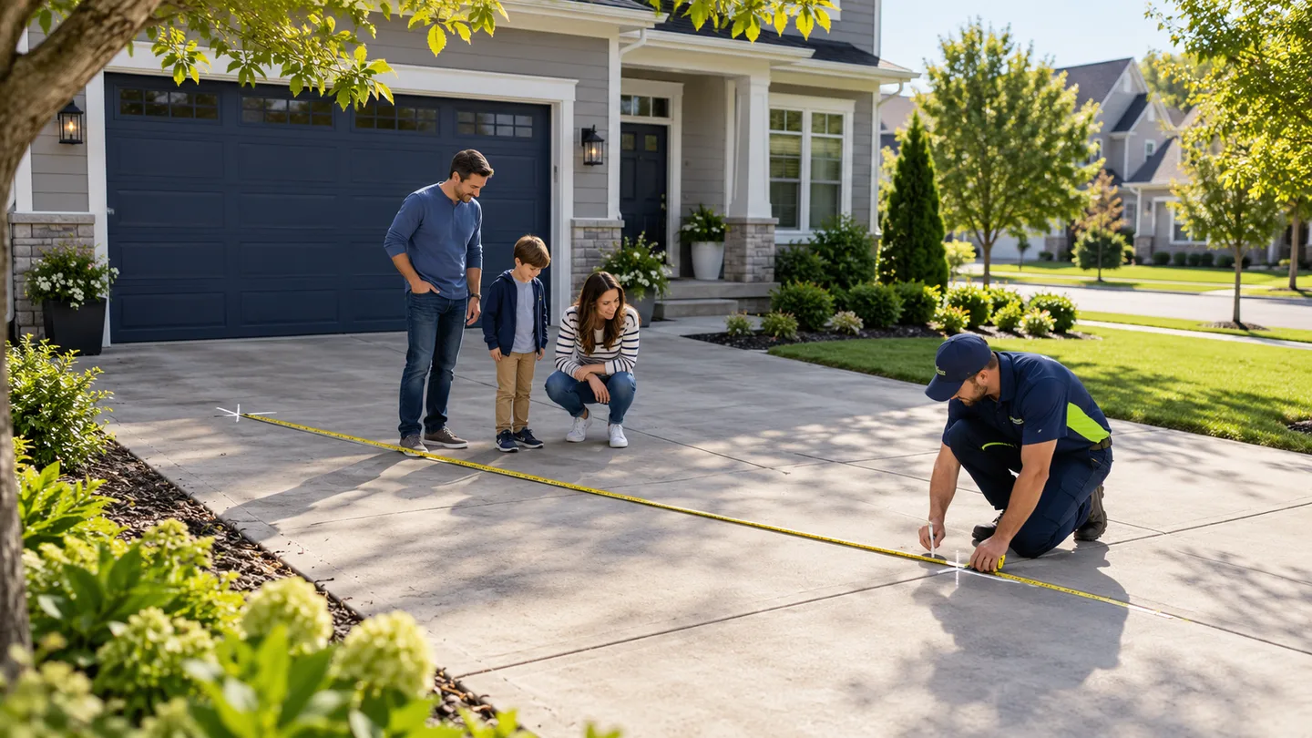 Family and delivery professional measure a suburban driveway for portable container placement