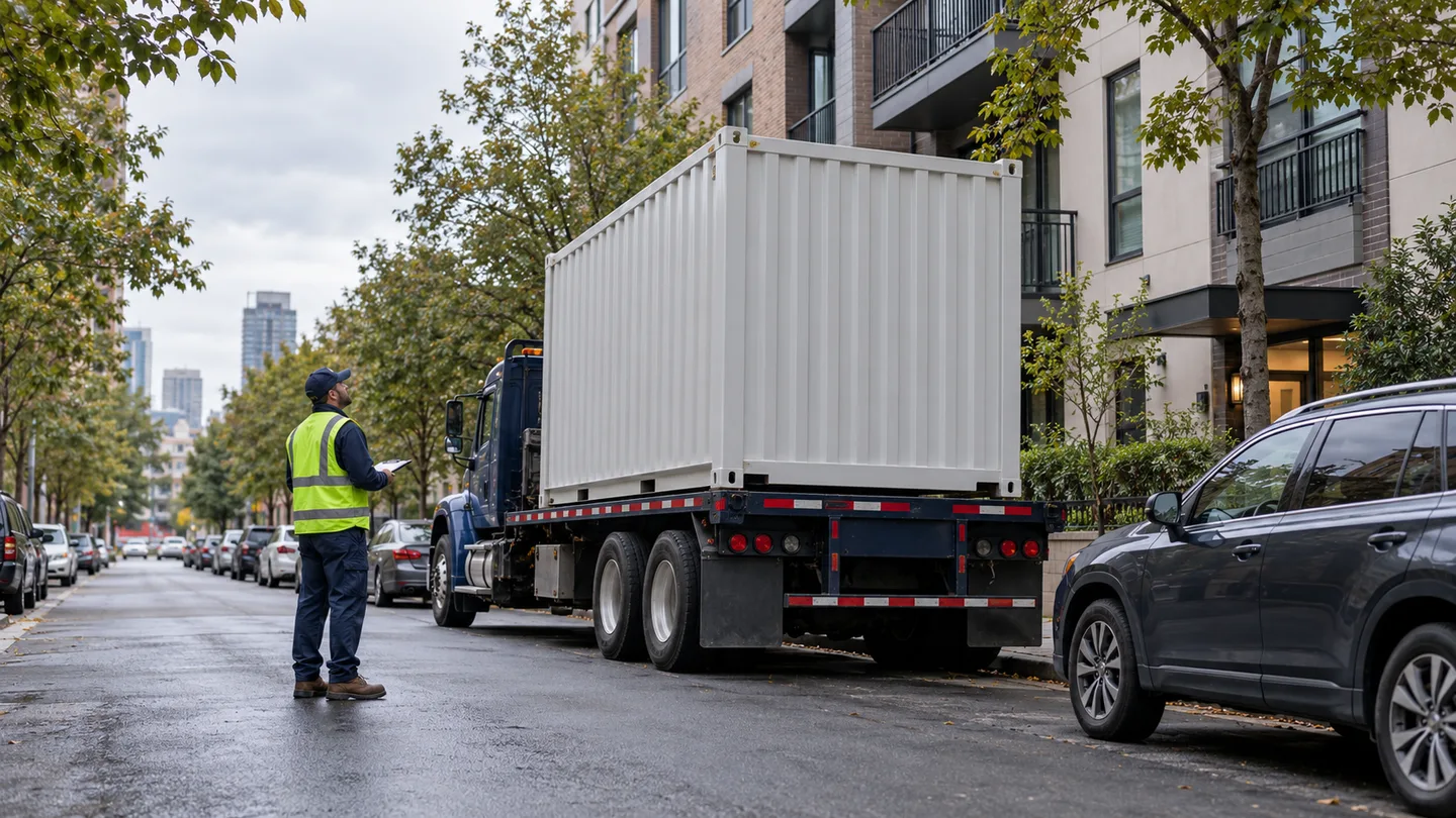 Logistics coordinator checks urban curb and overhead access before container delivery