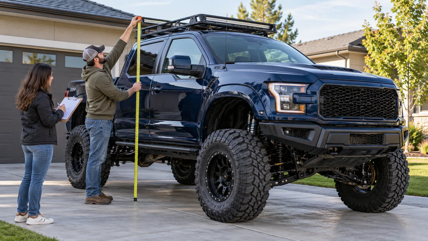 Owner measures the full height of a modified lifted pickup before requesting transport equipment