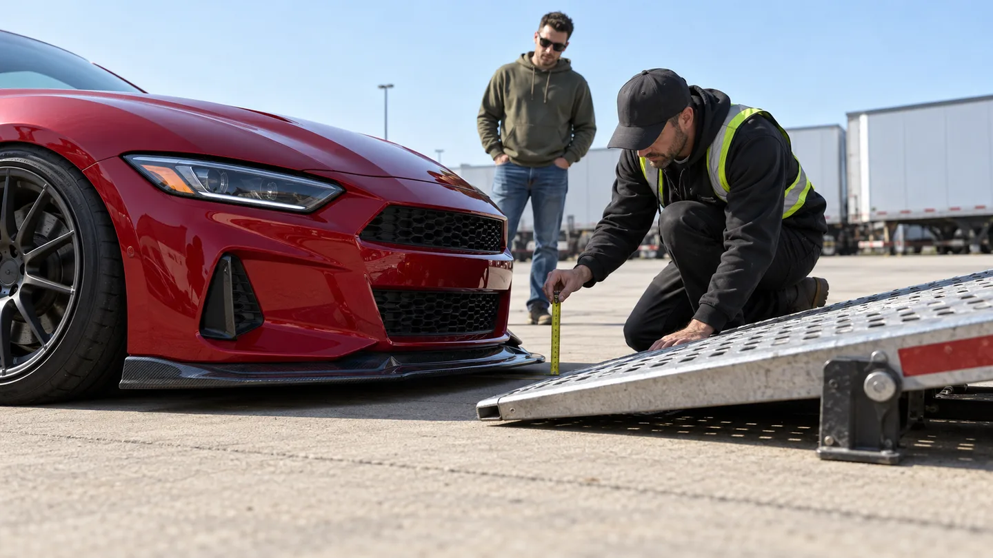 Carrier technician measures a low sports car splitter against a shallow transport ramp before loading