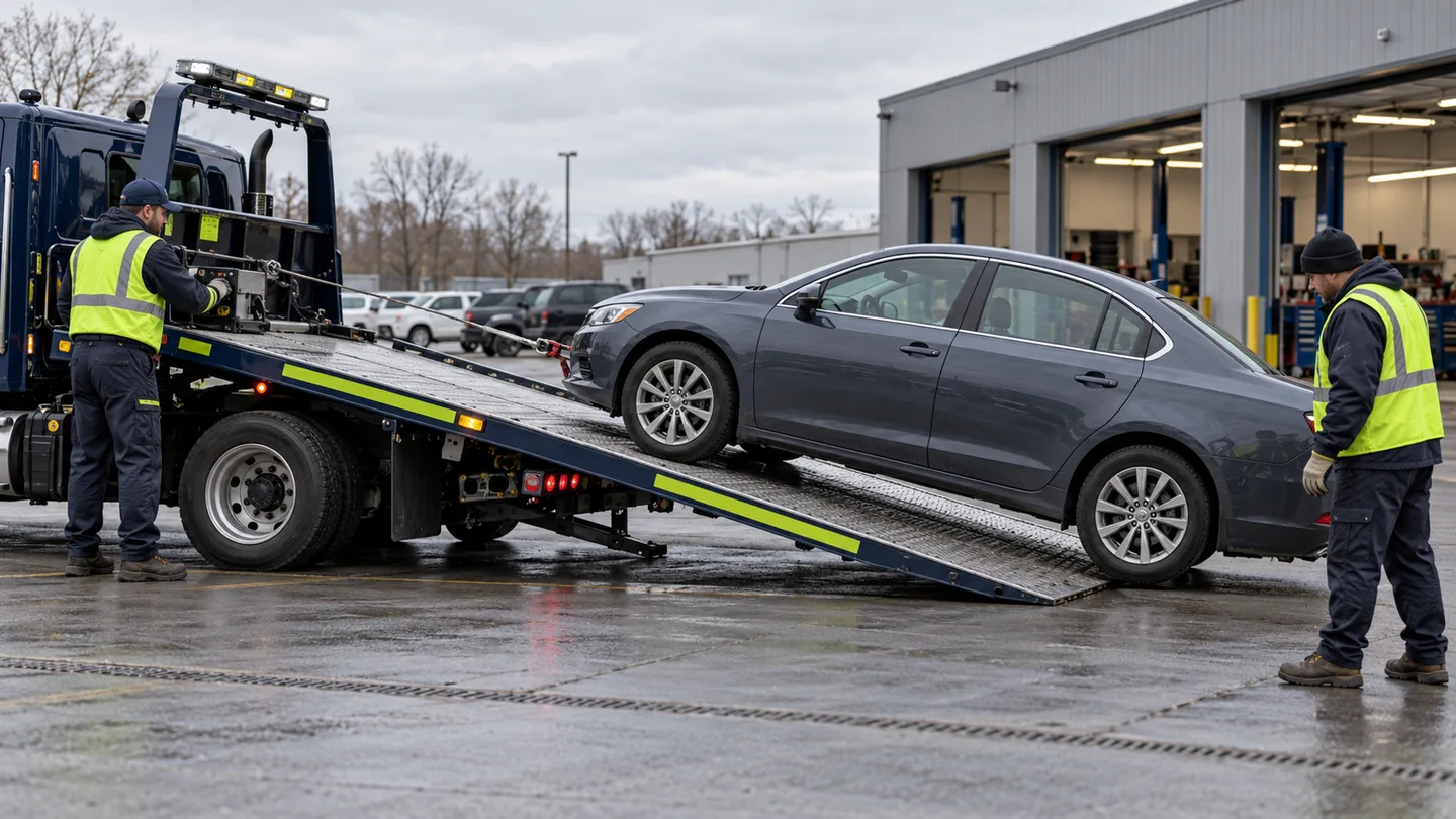Non-running sedan is winched onto a low rollback transporter at a repair-shop pickup area
