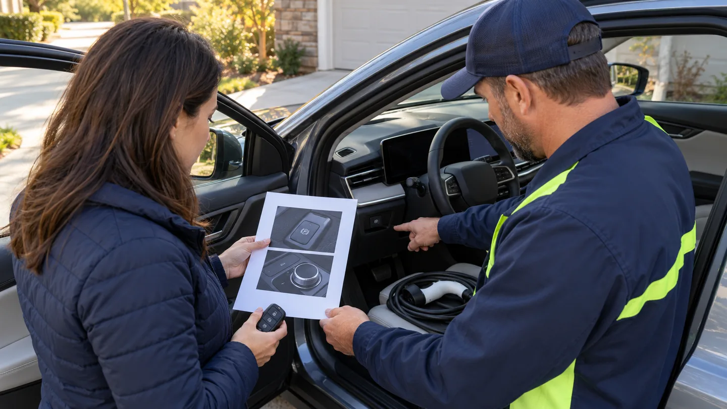 Owner and carrier review electric-vehicle brake and neutral controls before pickup